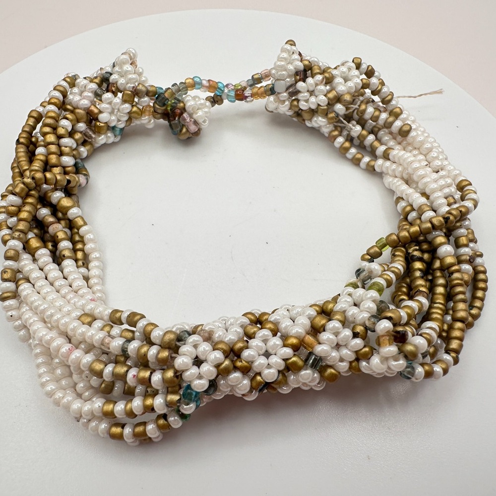 Vintage 90s Gold Tone Multi Strand Seed Bead Bracelet Jewelry Bib